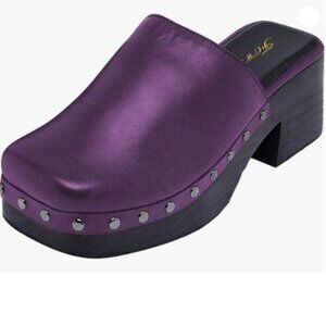 FOWT Women Square Toe Slip on  Rivet Studded Chunky Mid Heel Slippers Purple